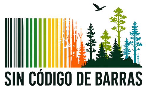 Logo completo de Sin Código de Barras: código de barras que se transforma en bosque